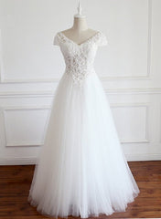 White Lace Cap Sleeves Tulle Floor Length Party Dress