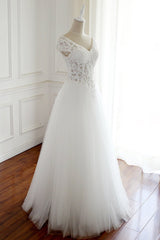 White Lace Cap Sleeves Tulle Floor Length Party Dress