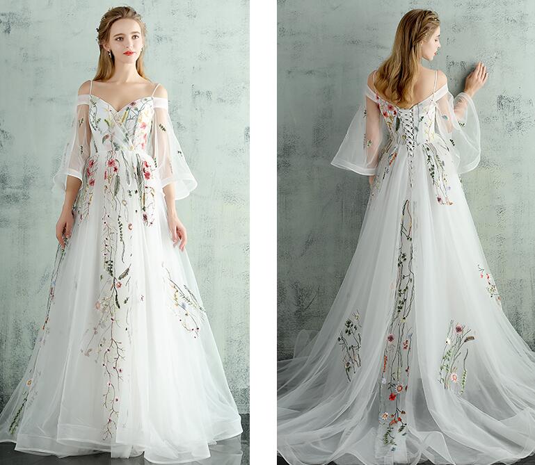 White Tulle Lace  Spaghetti Straps Long Evening Dress