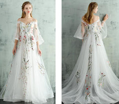 White Tulle Lace  Spaghetti Straps Long Evening Dress