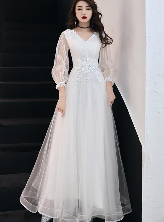 Vestido de fiesta de boda sencillo de tul blanco con mangas largas y encaje 