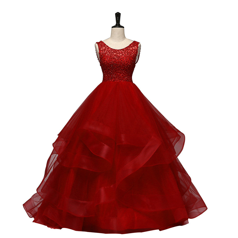 Vestido de fiesta de tul rojo vino con capas de encaje para dulces 16 