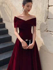 Elegant Burgundy Off Shoulder Sweetheart Velvet Party Dress
