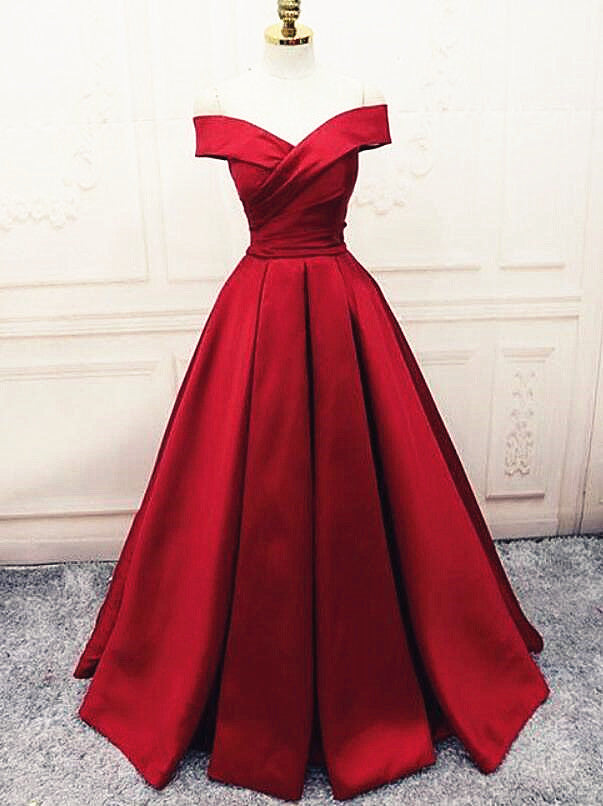 Fashionable Dark Red Satin Simple Off Shoulder Prom Dress