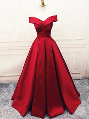 Fashionable Dark Red Satin Simple Off Shoulder Prom Dress