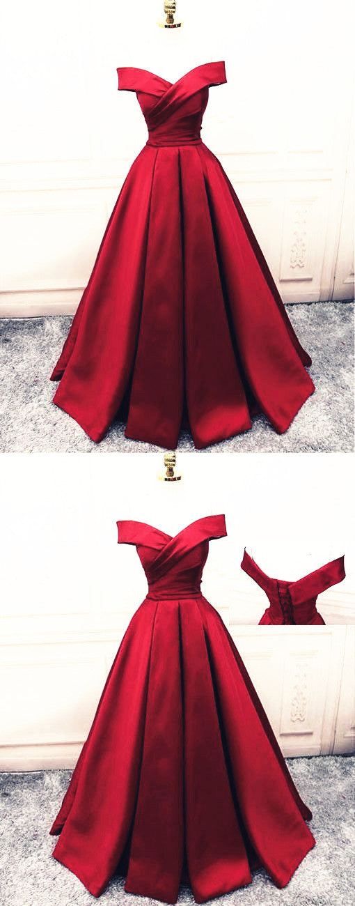 Fashionable Dark Red Satin Simple Off Shoulder Prom Dress