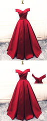 Fashionable Dark Red Satin Simple Off Shoulder Prom Dress