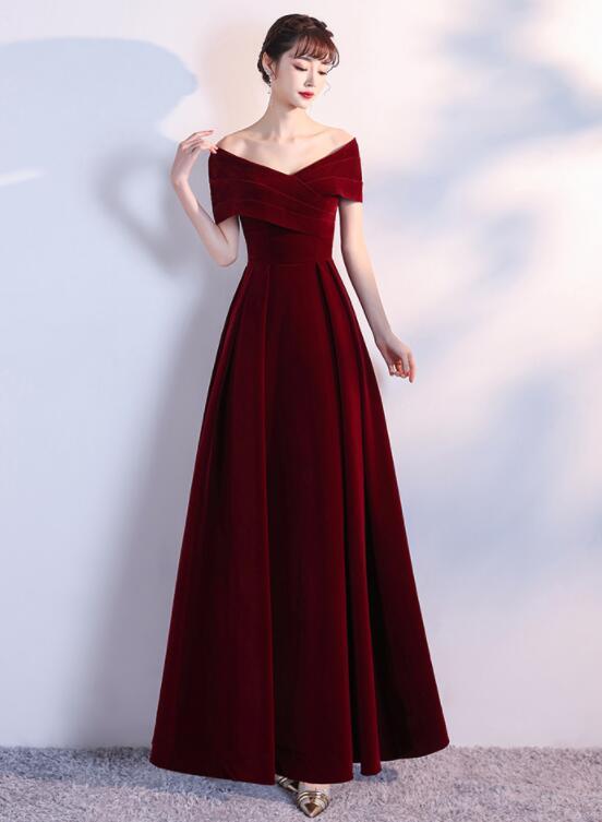 Vestido de fiesta largo de terciopelo rojo vino 