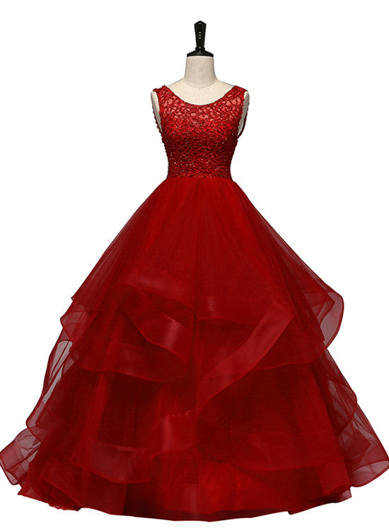 Vestido de fiesta de tul rojo vino con capas de encaje para dulces 16 