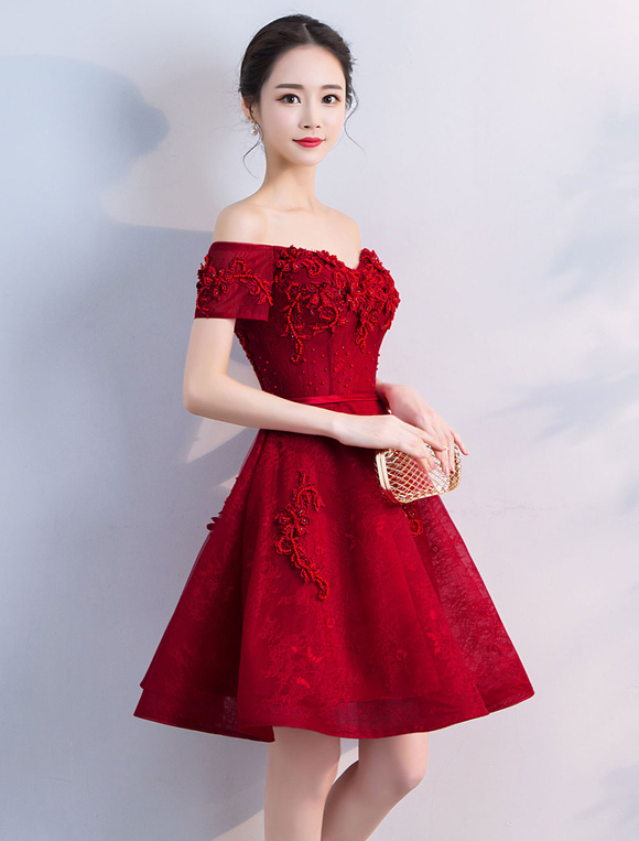Off Shoulder Wine Red Short Beaded Homecoming Dress