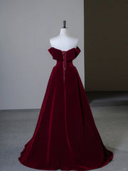 Vestido de fiesta de terciopelo rojo vino con hombros descubiertos y corte A 