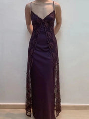Vestido de fiesta largo con tirantes en forma de A y encaje morado 
